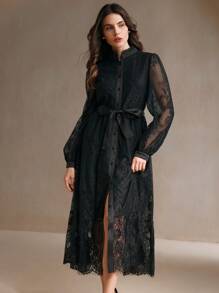 Anewsta Elegant Embroidered Lace Midi Dress For Women, Spring/Autumn Maxi Women Outfit - Black - View 3
