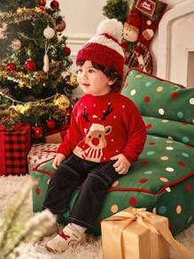 SHEIN Suéter de cuello redondo con estampado feo de Navidad, reno y gorro de Santa Claus, estilo casual y lindo para bebé niño/niña, adecuado para otoño/invierno, uso en casa, al aire libre y fiestas de Navidad