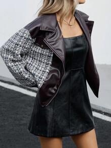 Aveloria Modichic Women's Thick Tweed PU Patchwork Hem Zip Up Jacket, Autumn/Winter
