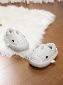 1 双儿童卡通鲨鱼图案拖鞋，柔软舒适的 EVA 室内鞋，带保暖衬里，适合女孩，适合秋冬季 - 淺灰色 - 查看 3
