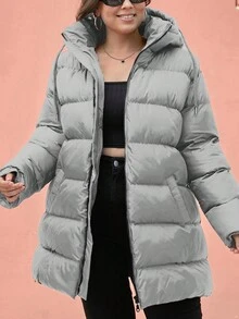 SHEIN Plus Size Zip Up Drawstring Hooded Padded Coat - Light Grey - View 6