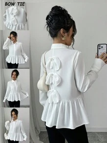 Elenzga Shirt Collar Bowknot Decor Long Sleeve Blouse - White - View 1