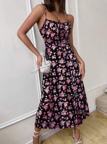 Pariaura 女士优雅系带前开襟碎花连衣裙 - 黑色 - 查看 5