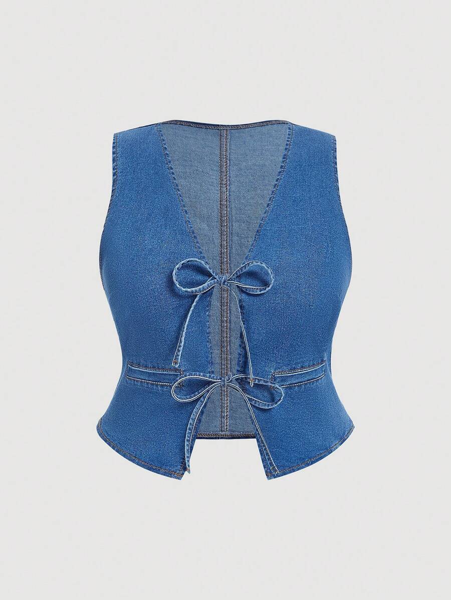SHEIN MOD 大码蓝色牛仔背心，甜美系带前弹力蝴蝶结装饰 - 藍色 - 查看 1