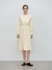 SHEIN LUNE Women's Elegant & Stylish Office/Casual Comfortable Long Sleeve Round Neck Front Open Cinched Waist Back Solid Color Shirt Dress Fall Cloth For Women - Beige - View 1
