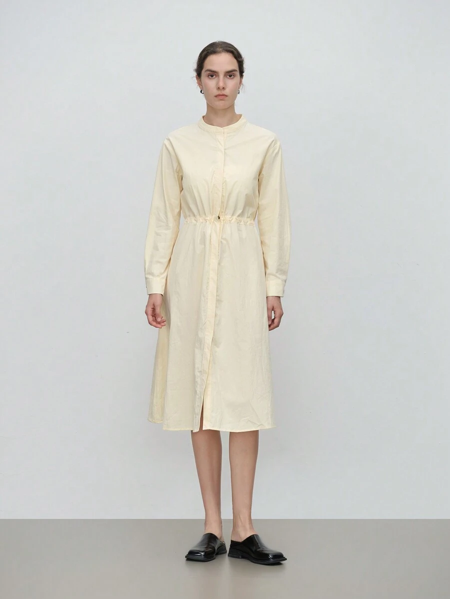 SHEIN LUNE Women's Elegant & Stylish Office/Casual Comfortable Long Sleeve Round Neck Front Open Cinched Waist Back Solid Color Shirt Dress Fall Cloth For Women - Beige - View 1