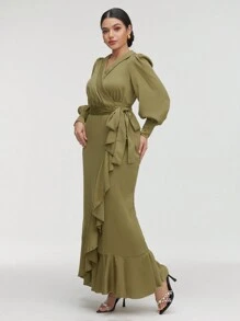 Veilorie Women Dresses Berikat Ruffle Hem Membungkus Plain Anggun - Hijau Tentara - View 7