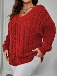Celure Plus Size Women Casual V-Neck Cable Knit Loose Sweter, Odpowiedni Na Jesień, Zimę I Nowy Rok Ubrania