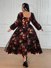 Flirla Đầm Maxi Tay Dài In Lưới Đen Co Giãn 4 Chiều Phong Cách Gothic Cổ Điển Thanh Lịch Cho Nữ - màu đen - Xem 2