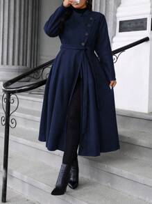 SHEIN LUNE Plus Size Women Elegant Solid Color Big Lapel Button Belted Long Overcoat For Autumn/Winter