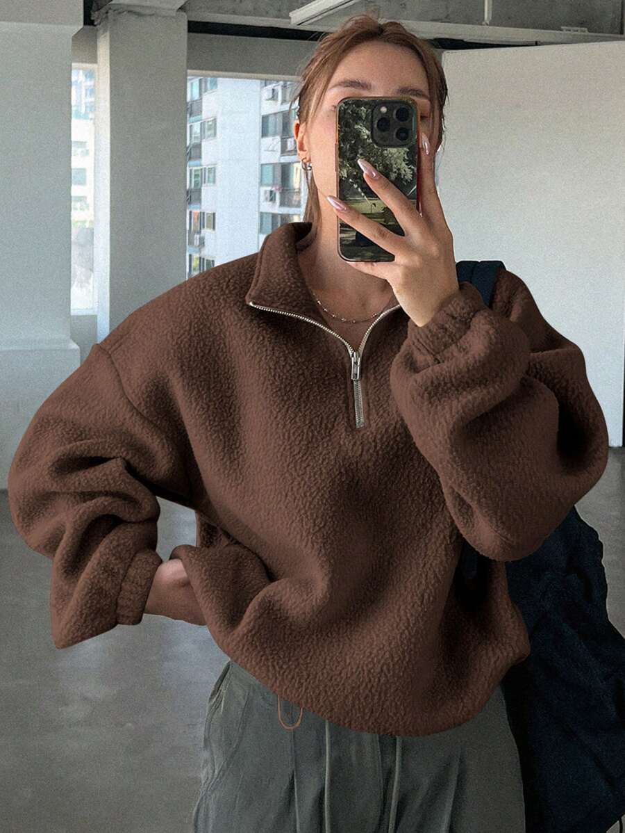 Dazy Star 女士休闲纯色落肩宽松半拉链夏尔巴羊毛连帽衫，秋冬，秋季女装运动衫 - 棕色 - 查看 1