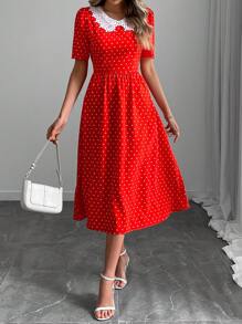 Rafferiza 女士心形与波尔卡圆点蕾丝领连衣裙，优雅泡泡袖连衣裙，适合新年服装长款女装 - 紅色 - 查看 4