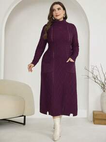 Mulvari Plus Size Fall Casual Simple Elegant Double Pocket Sweater Dress
