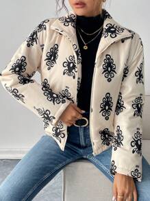 SHEIN Unity Women's Casual All-Over Print High Collar Oblique Pocket Zipper Front Hooded Sweatshirt, Winter Clothes Thermal Jacket Coat Fall Cloth For Women - Apricot - View 3