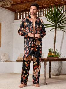 Manfinity ChillVibe Conjunto de pijama con blusa de manga larga y pantalones con botones delanteros y estampado floral