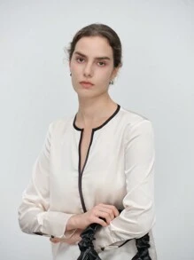 SHEIN LUNE Elegant Beige Loose Fit Regular Woven Long Sleeve Women Shirt Fall Cloth For Women - Apricot - View 8