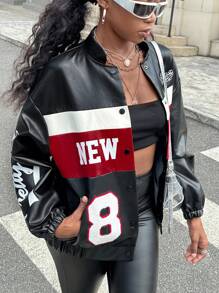 SHEIN Leap Crew Áo khoác da in chữ màu đen trắng đỏ cho bé gái tuổi teen phong cách đường phố giản dị thời trang đa năng - Nhiều màu - Xem 1