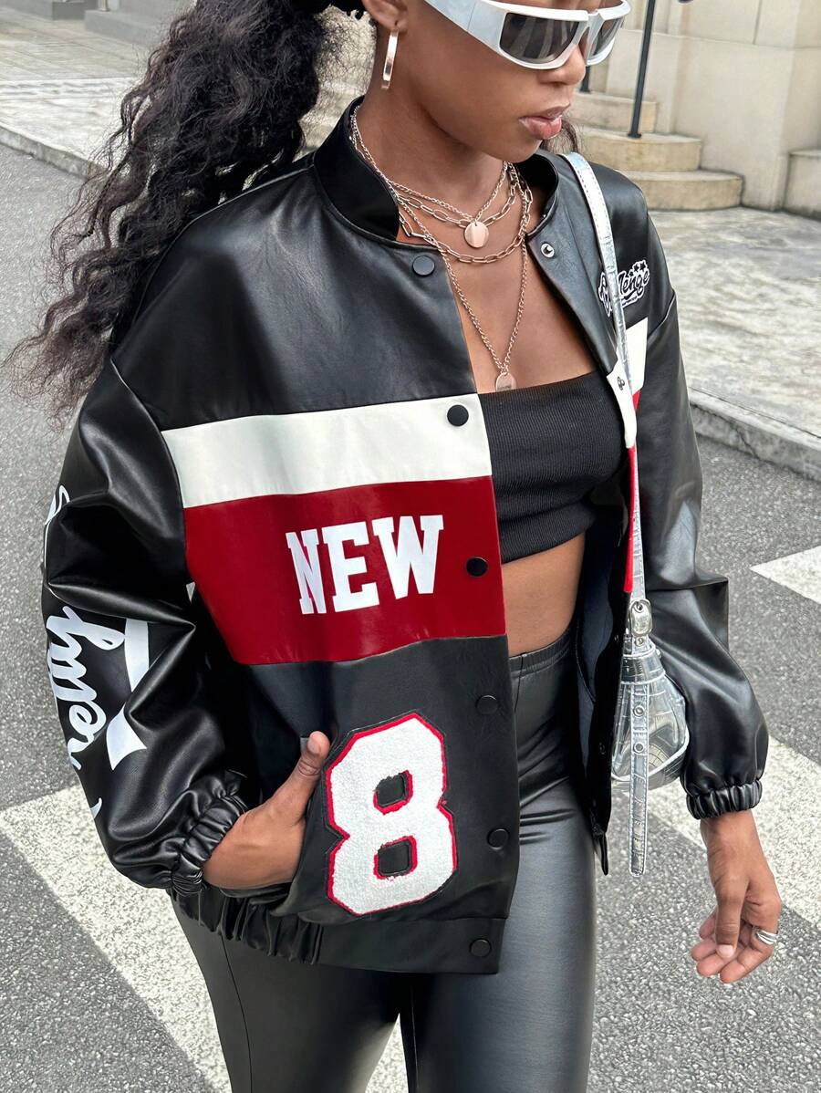 SHEIN Leap Crew Áo khoác da in chữ màu đen trắng đỏ cho bé gái tuổi teen phong cách đường phố giản dị thời trang đa năng - Nhiều màu - Xem 1