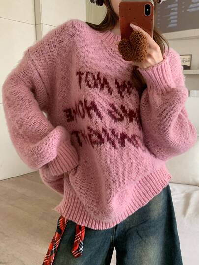 DAZY 女士字母图案休闲针织粉色毛衣，秋季，长袖上衣，秋季女装