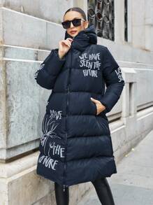 EURMUSE Plus Size Women Winter Slogan Print Zip-Up Padded Coat - Navy Blue - View 5