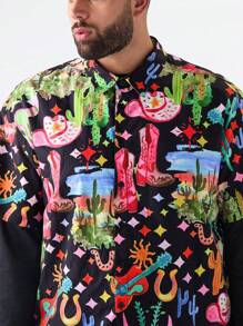 Manfinity NXTstreet Conjunto de 2 piezas de camisa de tejido y pantalones holgados con estampado de cactus y guitarra para hombre de talla grande