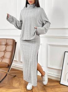 SHEIN EZwear Damski swobodny, jednolity prążkowany, wysoki kołnierz, luźny T-shirt z obniżonymi ramionami i spódnica z wysokim rozcięciem, jesień