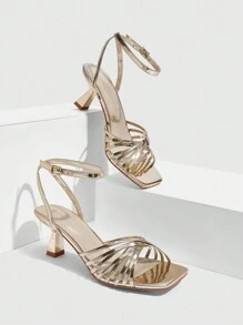 CUCCOO SZL Women's Square Toe Low Heel Gold Strap Sexy Elegant Party/Wedding Stiletto High Heel Sandals