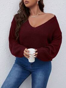 Franclia Pull casual à manches longues avec encolure en V et épaules tombantes, tailles plus, automne/hiver
