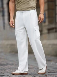 Manfinity Homme Men's Solid Color Front Button Multi-Pocket Casual Cargo Pants , Simple Design - White - View 1