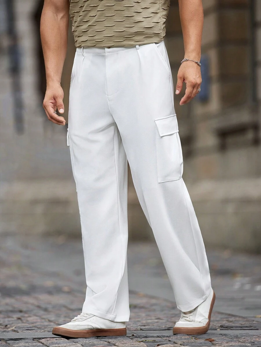 Manfinity Homme Men's Solid Color Front Button Multi-Pocket Casual Cargo Pants , Simple Design - White - View 1