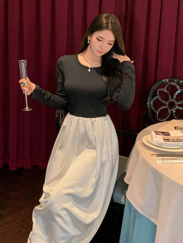 Women's Color Block Patchwork Long Dress, Elegant For Autumn/Winter ,New Year Eve Prom Dress,Fall Women Clothes Long Sleeve Dress