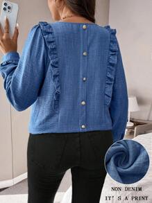 SHEIN LUNE Plus Size Herfst Casual Shirt Met Ruche Rand En Knoopdecoratie