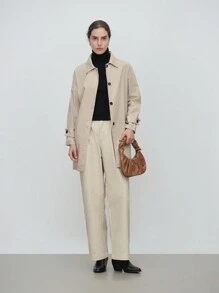 SHEIN LUNE 女士优雅时尚商务休闲长袖翻领围巾领纯色夹克 - 駝色 - 查看 4