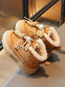 全新冬季毛绒内衬防滑雪地靴，适合幼儿男孩和女孩，户外保暖防水，适合婴儿和儿童 - 卡其色 - 查看 2