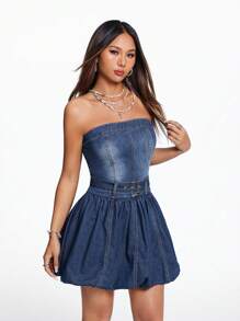 SHEIN EZwear 女士无袖牛仔抹胸连衣裙，性感街头风，蓝色 - 中等水洗藍 - 查看 7