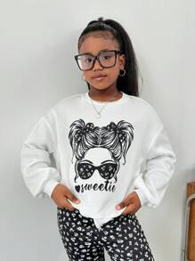 SHEIN Tween Girls Casual Knit Face & Floral Graphic Crewneck Sweatshirt And Flare Pants Set, For Home, Street, Comfortable - Black and White - View 5