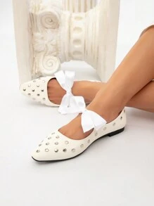 CUCCOO CHICEST 2024 Spring & Autumn New Flat Shoes With Ribbon & Rivet Decor, Solid Color Square Toe Casual Versatile Flats