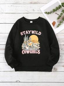 SHEIN Girls Digital Desert Print Pink Crew Neck Sweatshirt, Cool Street Style, Suitable For Spring & Autumn - Black - View 1
