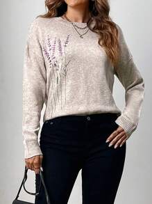 EMERY ROSE Plus Size Round Neck Embroidered Long Sleeve Sweater In Fall/Winter - Khaki - View 5