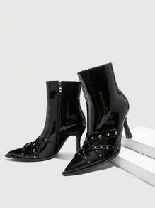 CUCCOO SZL Sexy Fashion Belted Rivet Decor Casual Versatile Side Zipper High Heel Ankle Boots For Christmas And New Year Holiday Vibe Fall And Winter - Black - View 2