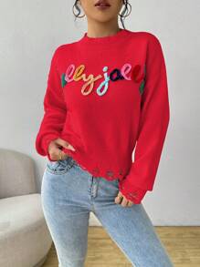 Chiquease Women's Casual Daily Letter Pattern Drop Shoulder Sweater, Autumn Knit Pullover Fall Winter Outfit - Red - View 6