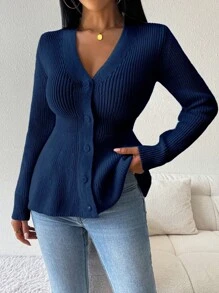 SHEIN LUNE Áo khoác cardigan cổ chữ V viền bèo nhún màu trơn đơn giản cho nữ - Màu xanh hải quân - Xem 5