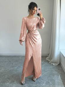 Elenzga Vestido largo casual y sencillo para mujeres con cuello redondo, manga larga, bajo dividido y calado