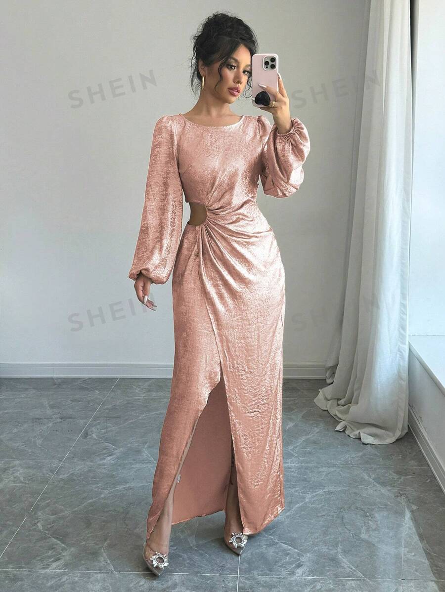 Elenzga Vestido largo casual y sencillo para mujeres con cuello redondo, manga larga, bajo dividido y calado