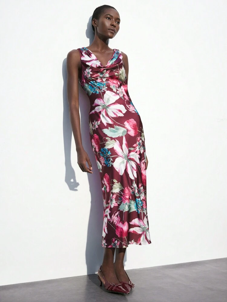 SHEIN Maija Women's Elegant Satin Floral Print Draped Neck Maxi Beach Dress, Autumn/Winter