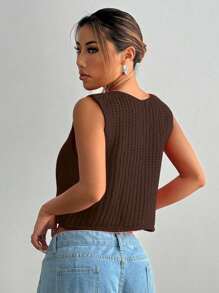 SHEIN Unity Áo dệt kim không tay cài nút phía trước dành cho nữ - Màu nâu Sô-cô-la - Xem 2