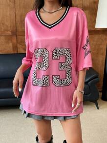 SHEIN EZwear 女士粉色拼接网眼豹纹数字V领短袖T恤 - 玫紅色 - 查看 6
