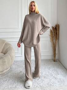 EURMUSE Cotton Women's Drop Shoulder Ribbed Long Sleeve T-Shirt And Pants Set Lounge Brown Autumn Casual - Beige - View 3