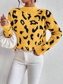 SHEIN LUNE 女士休闲豹纹立领落肩大码毛衣，秋冬 - 黃色 - 查看 4