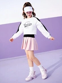 SHEIN 2pcs Girls Sport Suit Set, Letter Patchwork Sweatshirt And Black Tank Top, Crew Neck, Long Sleeve, For School, Work Out, Casual Wear, Fashionable Athletic Outfit For Girls